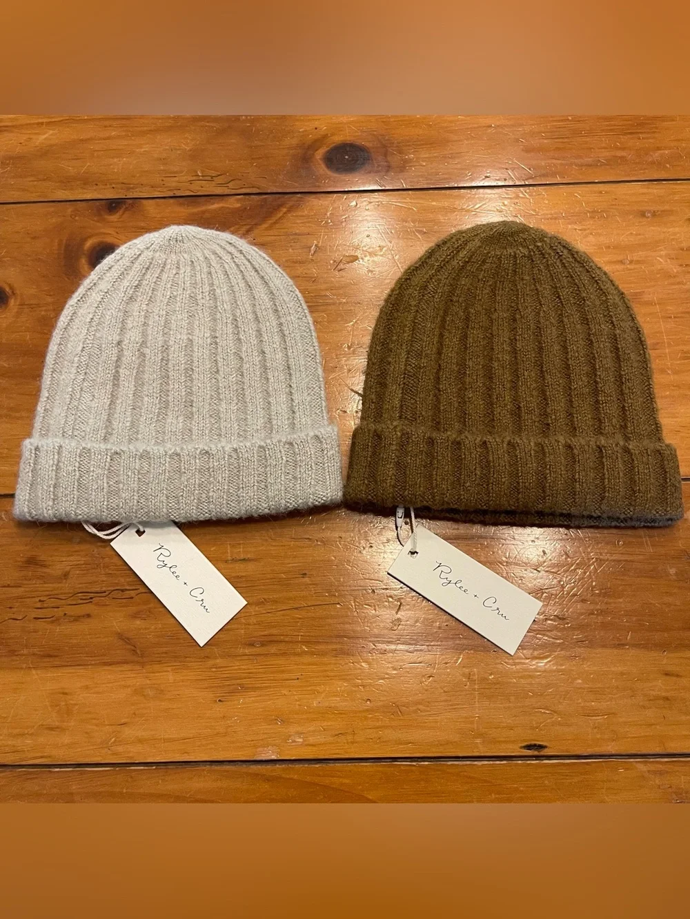 Rylee + Cru Ribbed Knit Beanie Set of 2 in Mocha and Agave
